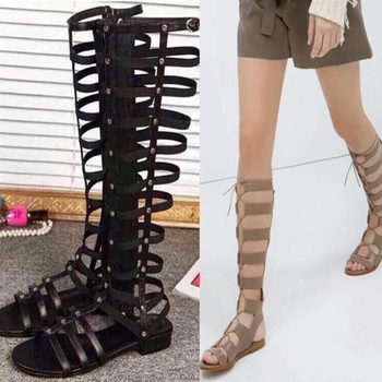 2015 летние дамы мода прохладно сапоги девушки sandalias натуральная кожа плоским колено высокие гладиаторские сандалии ремешками римские женская обувь
