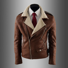 Vintage Leather Jacket Men Lamb Fur Coat Turndown Collar Mens Leather Jacket Men’s Slim Fit Leather Clothing Male Fur Coat Brown