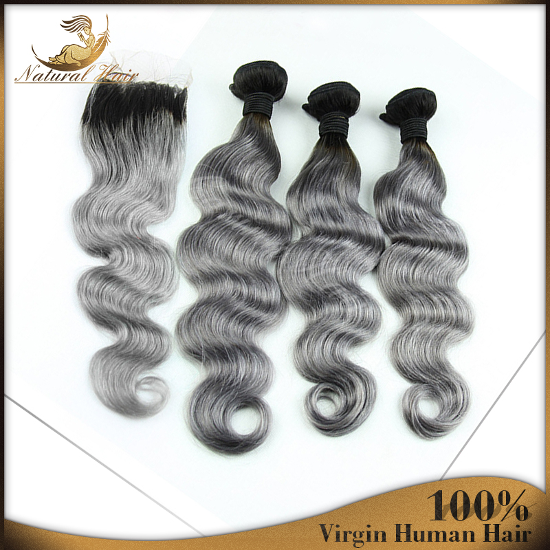 Hair Body Wave Ombre Hair Extensions With Closure Grey Weave TwoTone 1B/Gra...
