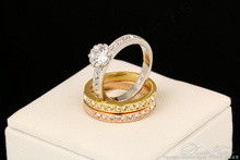Designer 3 Rounds CZ Diamond Paved Engagement Rings Wholesale 18K Rose Gold Plated Crystal Wedding Jewelry