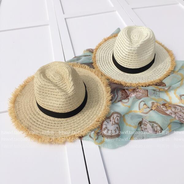 Wholesale 2017 New Women Natural Wide Brim Burr Raffia Straw Hats Fringe Women Plain Large Beach 4808