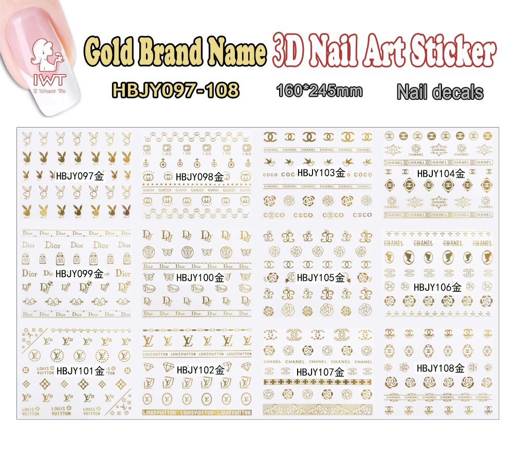 3D Nail Large Piece HBJY097 108 11 DESIGNS IN 1Gold Logo Brand Name 3d Nail Art