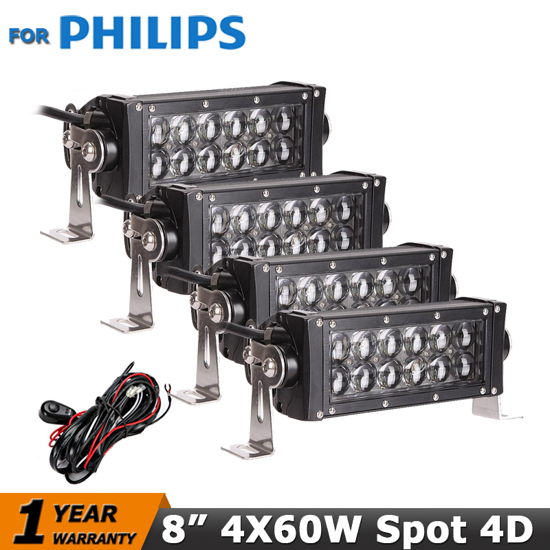 4pcs 8 inch 60W for PHILIPS LED Light Bar Offroad 4x4 Car Led Work Light Combo for 12V 24V Truck SUV Pickup ATV 4WD Driving Lamp