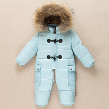 baby snowsuit 2015 new winter infant boys one-piece outfits raccoon fur collar hooded thermal toddler girls jumpsuits snow wear