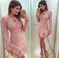 2016 Womens Autumn Fashion Casual Sexy Pink Lace Dresses Party Night Club Fall Long Sleeve
