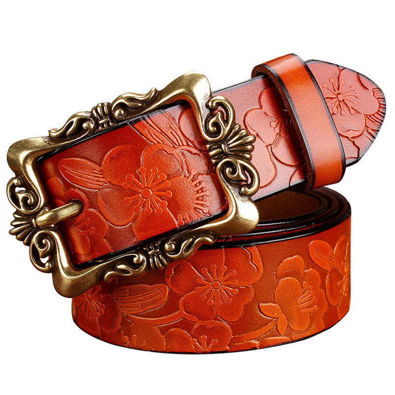 2015 New Fashion Wide Genuine leather belt woman vintage Floral carved Cow skin belts women Top