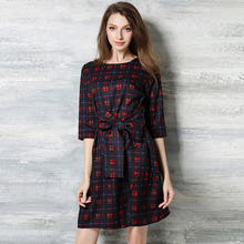 KOCLES Autumn Dress Women Casual Elegant Tartan Mini Dress Tunic Belted Plaid Printed Patchwork O Neck 3/4 Sleeve A-Line Dress