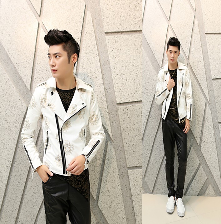 white leather jacket male fashion casual jacket Korean Slim PU jacket print hairstylist tide leather coat