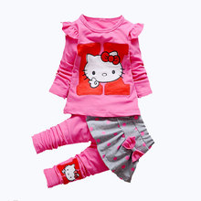 New Arrvials Hello Kitty Kids Set Hot Pink T shirts + Culottes 2pcs Suit Sets Spring Autumn Baby Girl Clothing Set 5 Colors 1-4y