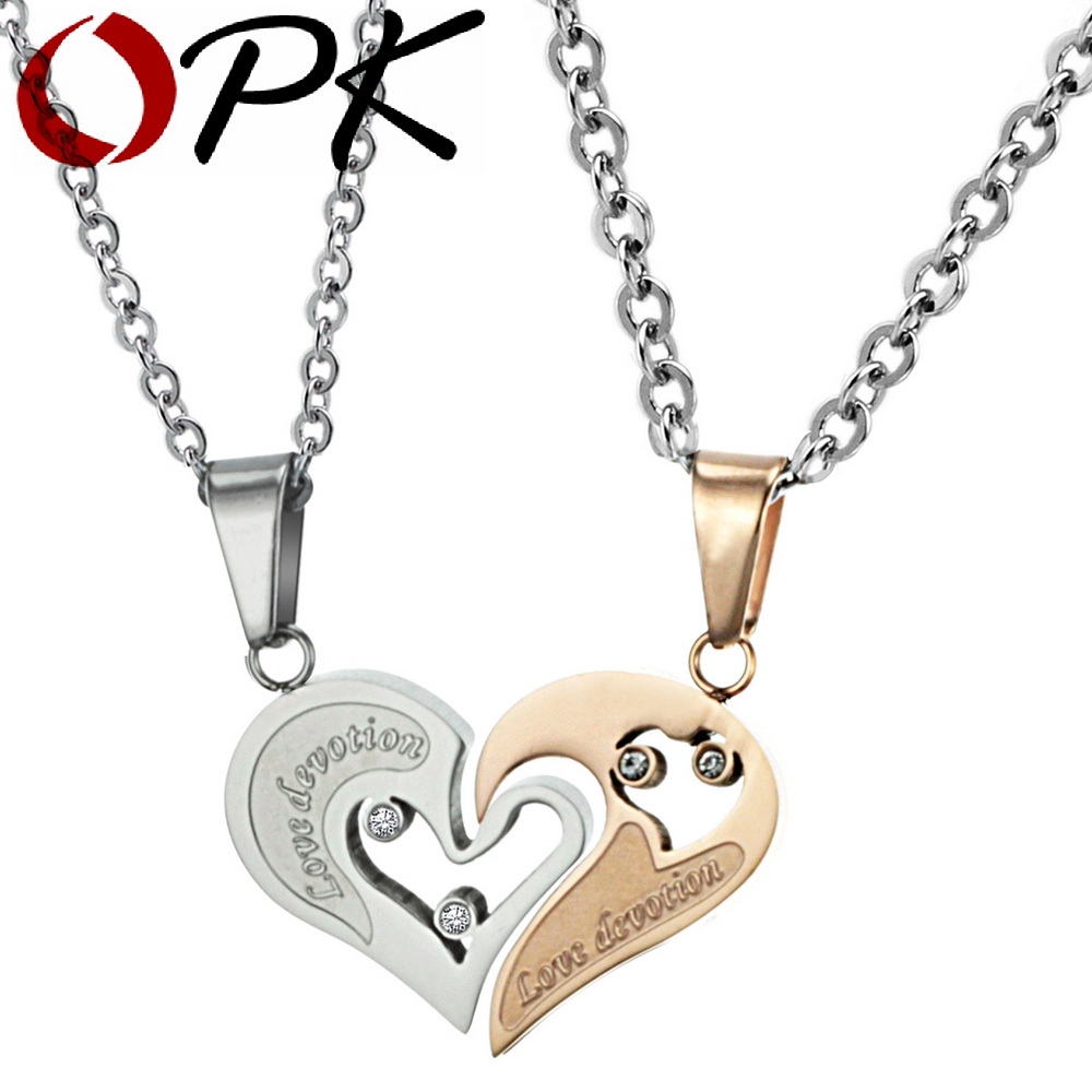 OPK COUPLE JEWELRY love heart pnedants necklace for lover inlaid rhinestone CZ. rose gold Stainless Steel free shipping 537