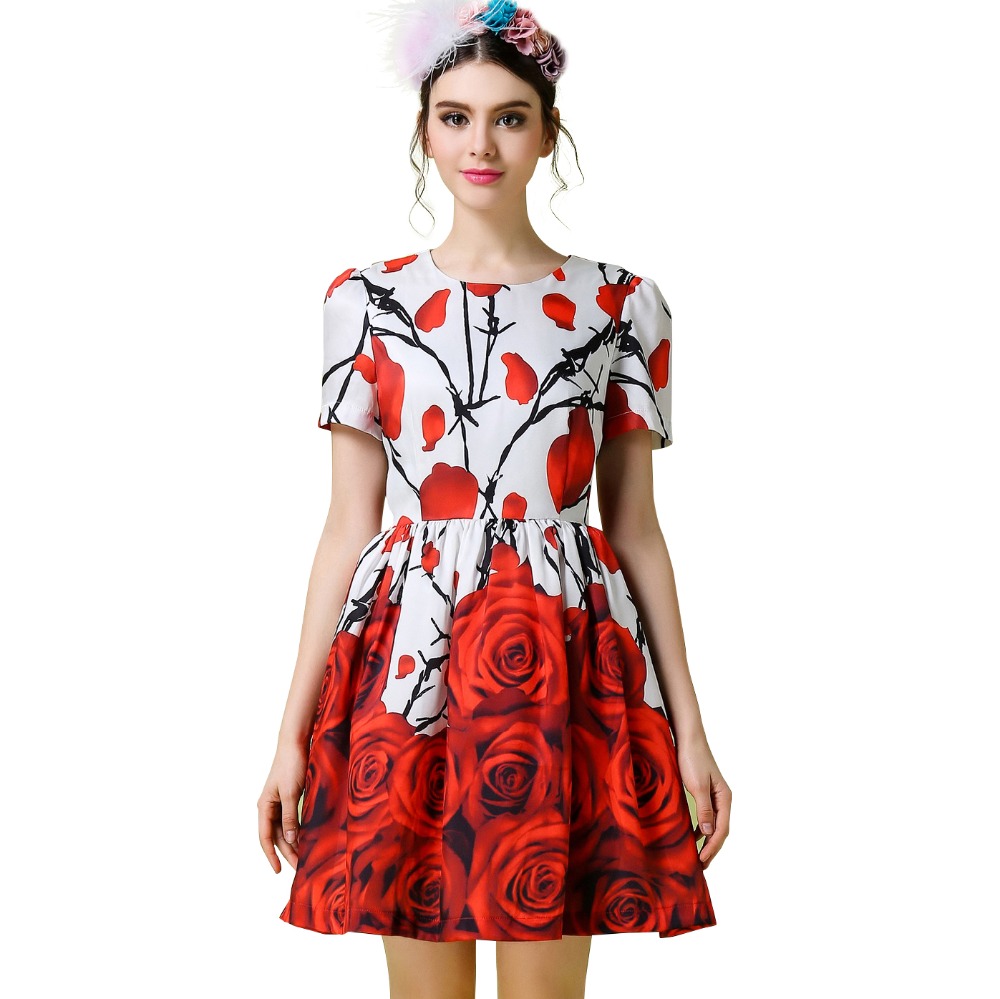 Women Rose Print Summer Dresses 2016 Spring New Plus Size S-5XL Short Sleeve Mini A-Line Dress Vestidos De Festa 2194