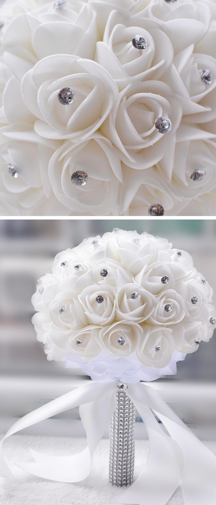 Beautiful White Ivory Bridal Bridesmaid Flower wedding bouquet artificial flower rose bouquet Crystal bridal bouquets