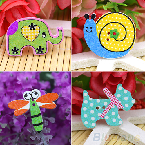 50pcs Lovely Sewing Cartoon Animal Wood Buttons 2 Holes Knopf Bouton 4DCR