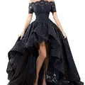 Charming Customized Black Lace Evening Gown Hi Low Sexy Off The Shoulder Boat Neck Prom Party