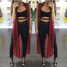 2016 HOT Women Sexy Loose Fit font b Tartan b font Plaid Side Split LongHigh Quality