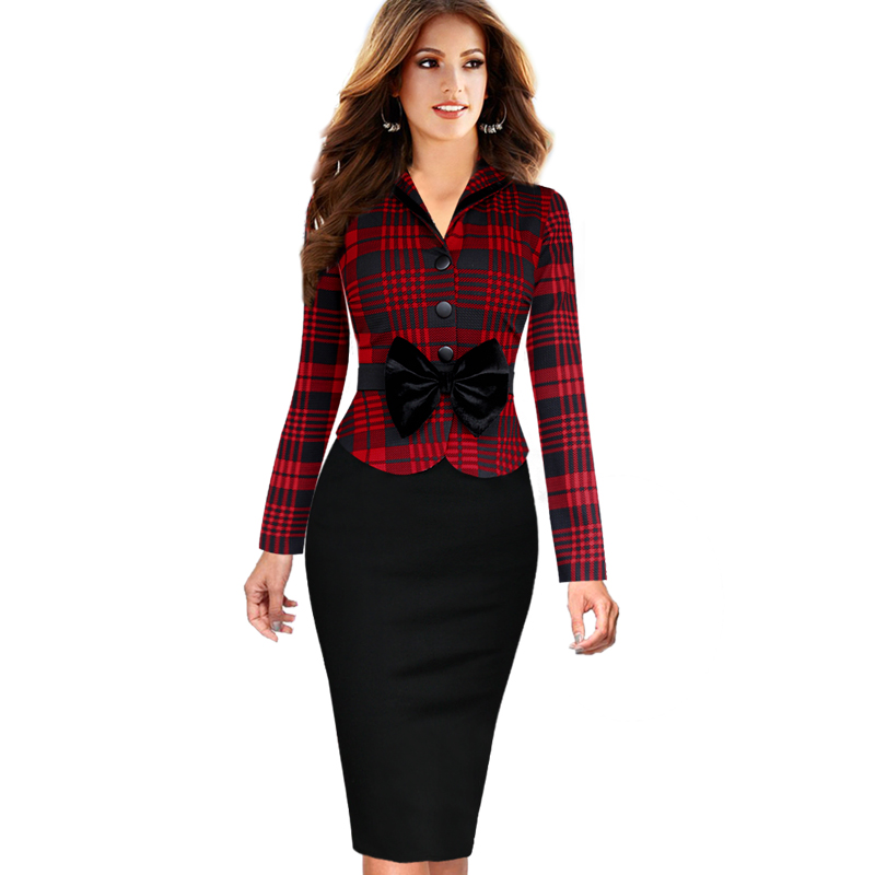 eSale Women Elegant Faux Twinset Lapel font b Tartan b font Houndstooth Detachable Bow Belted Peplum