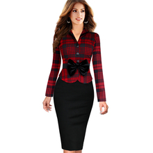 eSale Women Elegant Faux Twinset Lapel Tartan Houndstooth Detachable Bow Belted Peplum Patchwork Work Office Sheath Dress SP257