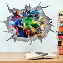 Avengers 3D Through Wall Stickers Lego Superheroes Home Decoration Wall Decals Art for Kids Room Baby Breaking WallPaper Posters