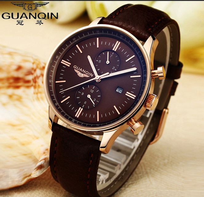 Top Brand luxury GUANQIN Fashion Luminous Quartz Watches Men Leather Strap Waterproof Men Watch Relogios Masculino