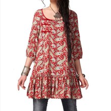 KEERQW Spring Vintage&Retro Ethnic Floral Print Half Sleeve Handmade Frog O-Neck Ruffles Casual Loose Plus Size Cotton Blouse