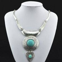 N219(Turquoise bead, not plastic or resin)Vintage Tibet Alloy Antique Silver Plate Round Turquoise Bead Necklace jewelry Gift