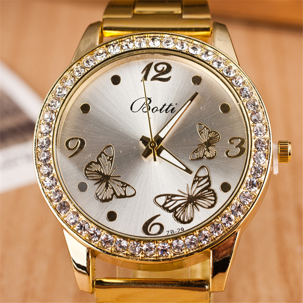 ladies quartz watch Butterfly Alloy stainless steel casual gold wrist 