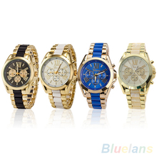 Hombres del reloj de moda ginebra acero inoxidable números romanos analógico de cuarzo relojes de pulsera 28DJ