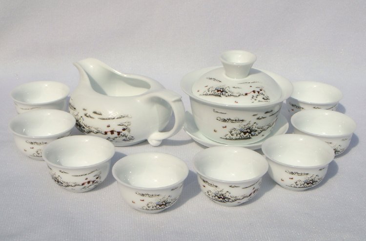 10pcs smart China Tea Set Pottery Teaset White Snow A3TM17 Free Shipping