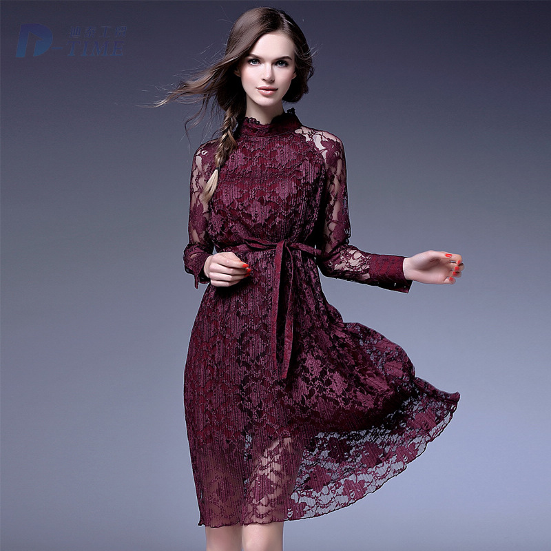 S-XL size high quality women hollow lace dresses with belt stand collar spring designer lady lace sexy dress 2016