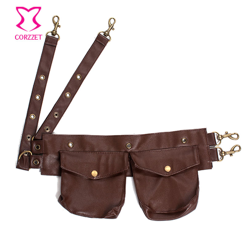 Black Brown Faux Leather Steampunk Pouch Belt Waist Bags Corsets and Bustiers Accessories Can Be Used
