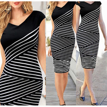 2016 New Fashion Girl Women Summer Dress Casual Short Sleeve Top Striped Bodycon Pencil Midi Dresses