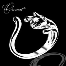 2015 summer style Cool Kitten Cat Ring With Crystal Eyes  925 sterling silver rings for women fine jewelry Gifts