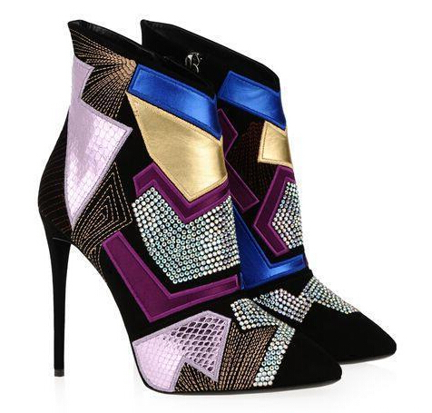 Factory Real Photo newest pointed toe name brand patchwork bling bling crystal booties stiletto heel multicolor ankle boots