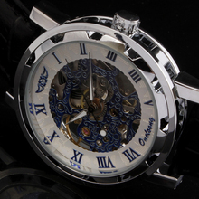 2015 winner fashion casual luxury male leather business skeleton mechanical men self wind military wrist watch