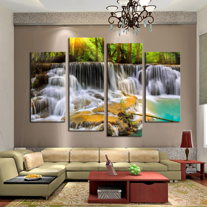 Unframed 4 panel The Waterfall With Tree Large HD Picture Decorative Art Print Painting On Canvas For Living Room Wall