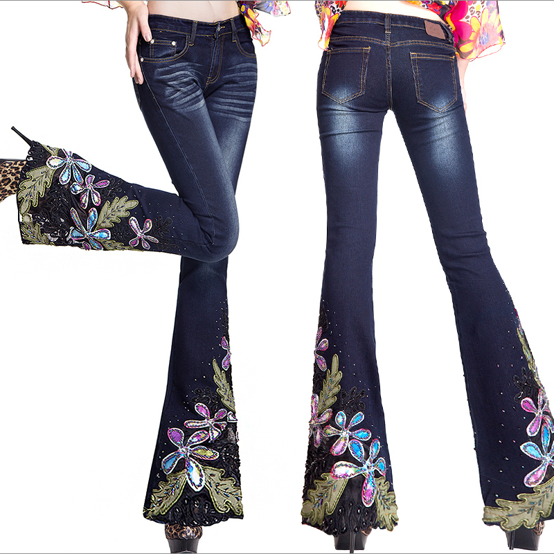 Autumn Winter Womens Fashion Embroidered Beading Decorated Blue Jeans Female Unique Elastic 5129