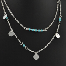 Boho Fashion Summer Beauty Blue Beads 2 Layers Chain Necklaces Pendants 2 Color Jewelry Gifts Necklace