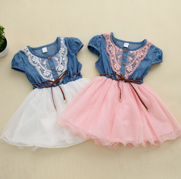 2014 new fashion Girls baby Lace Belt tutu cowboy font b dress b font children Patchwork