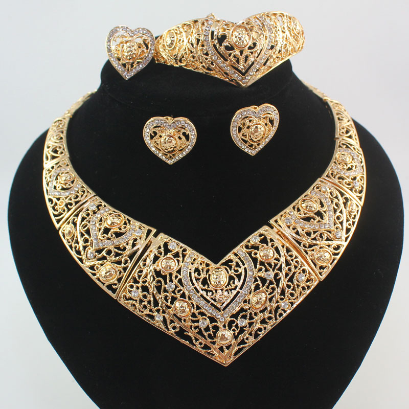 Hot Sale Gold Plated Crystal Heart African Jewelry Sets Wedding Bridal Accessories Costume ...