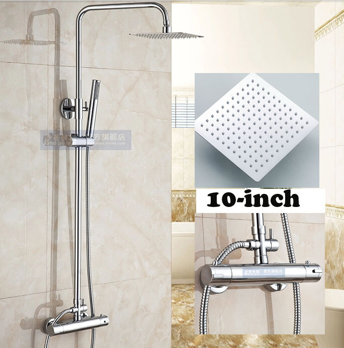 Wall Mount 10 inch Thermostatic Bathroom Shower Faucet Mixer Taps Dual Handle with Hand Held Shower Chrome Finish