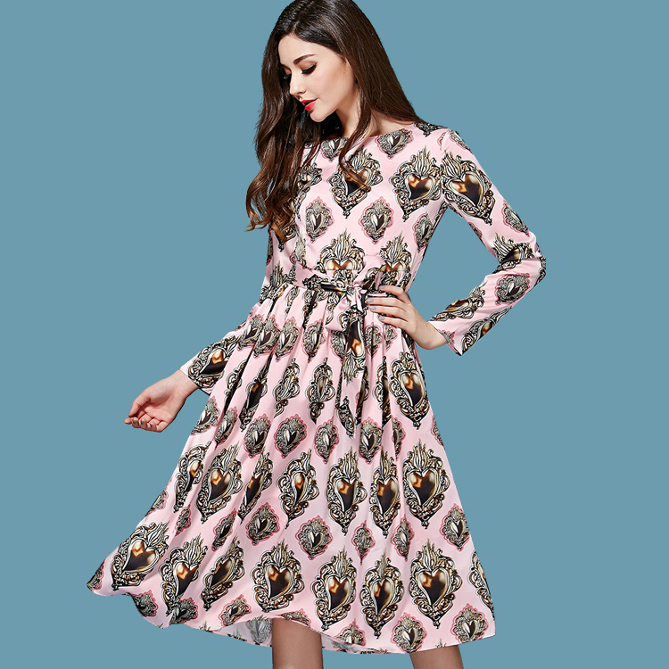 Free Shipping ! 2015 Early Spring New European and American Catwalk Diamonds Printing Slim Long-sleeved Pink Dress With Belt