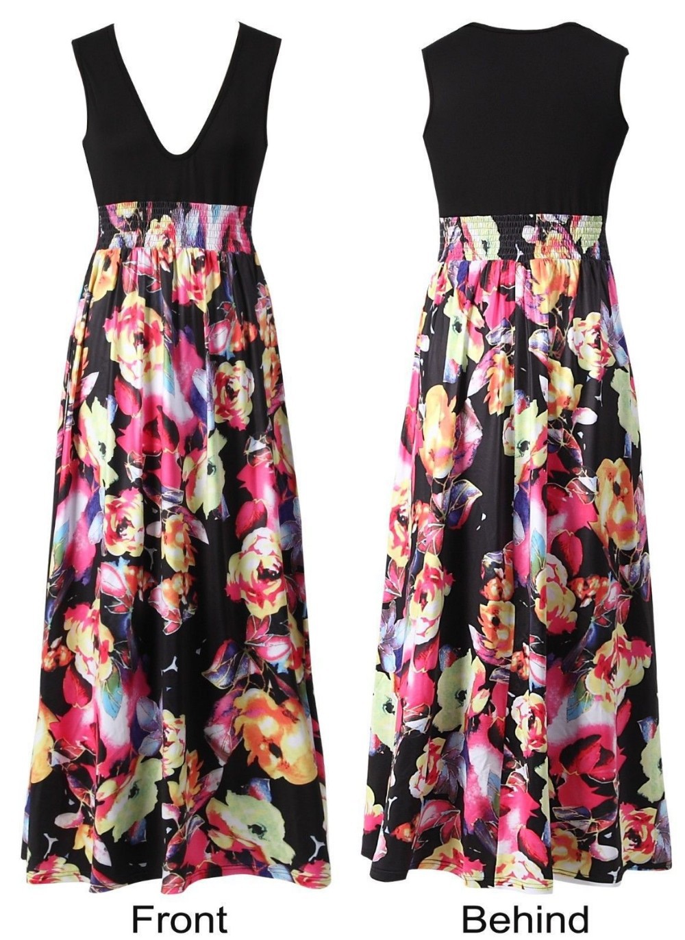 Women Maxi Dress Summer Dress 2015 Deep V-neck Sleeveless Floral Printed Dress Princess Dresses robe longue femme (2)