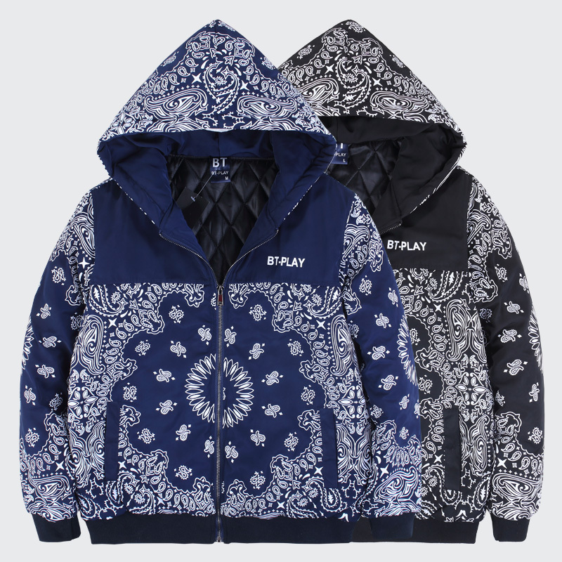 2015 men's new paisley bandana jacket with hoody zipper up printed winter jacket men brand navy
