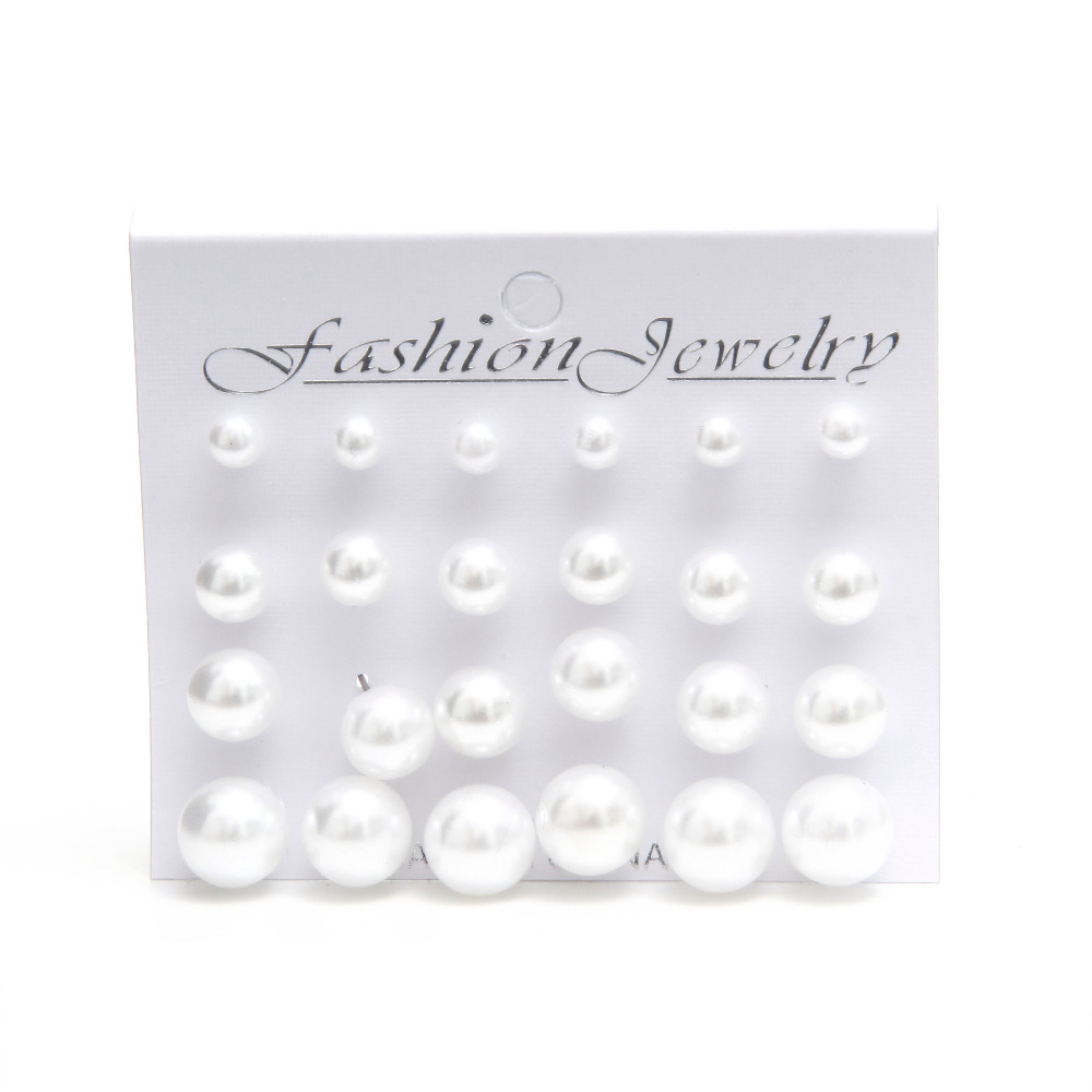 Sunshine fashion White Pearl piercing Stud Earrings 6mm 8mm 10mm 12mm Mix Size 1 card 12