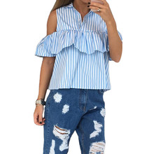 2016 Elegant Sexy Ruffles Off Shoulder Top Women Blouse Shirts Summer Blue White Stripe Blusas Female