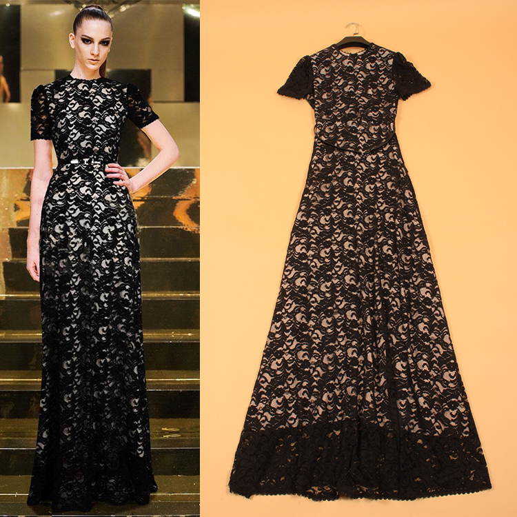 2015 Europe Famous Brand Fashion Runway Stunning Short Sleeve Exquisite Relief Lace Hollow Out Slim  Evening Dress