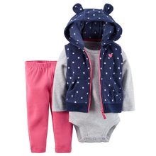 New Brand 3 Pieces Baby Girl’s Set Cartoon Zipper Sleeveless Cotton Warm Cute Polka Dot Vest +Full Sleeve O-Neck Romper+Pants