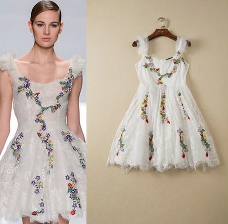 2014Summer Korean High Quality Brand Sleeveless Above Knee Runway Flower Embroidery Lace Cute Beautiful White&Black Slim Dress