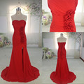 MENGZHIYUAN MZY002 Sweetheart Ruched Pleated Red Long Strapless Front Split Trumpet Mermaid Evening Dress 2015 with