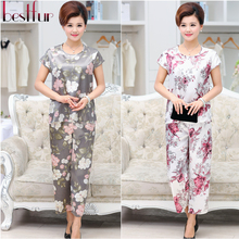 2016 New Summer Women Clothing Mother Suit Set With Skirts Plus Size Short Sleeve Print Silk Crop Top Skirt Casual 2 Piece Sets